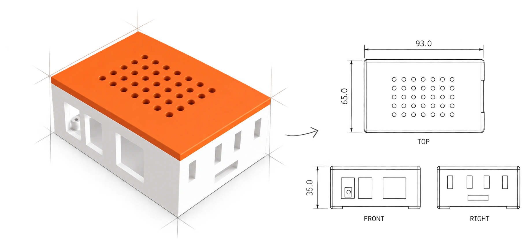 オレンジ色のふたと白い本体のRaspberry Piケースを立体図と投影図で表したイラスト。