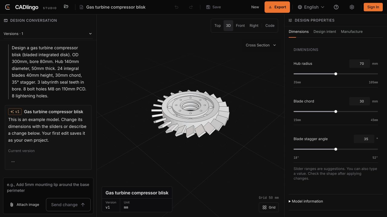 A compressor blisk in CADlingo Studio, with its design brief and editable dimensions.